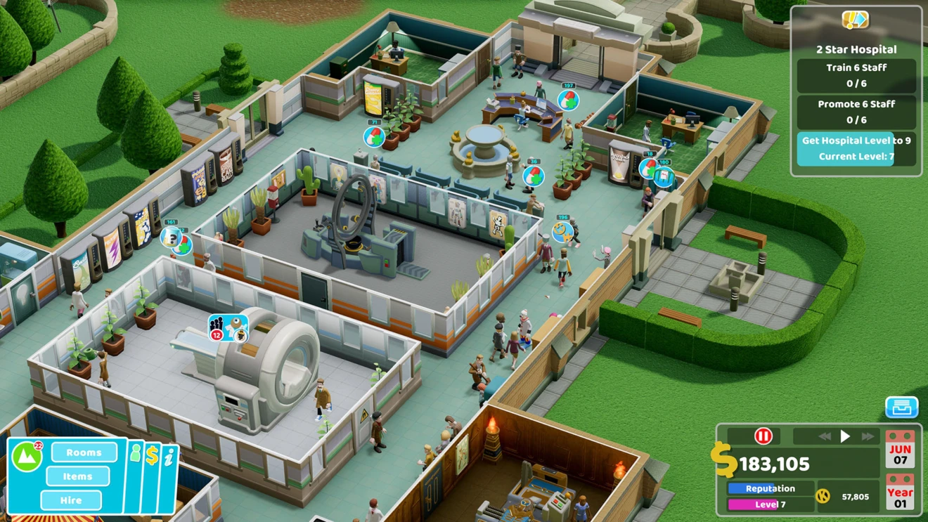Расширенный вид в Two Point Hospital, работающий на консоли