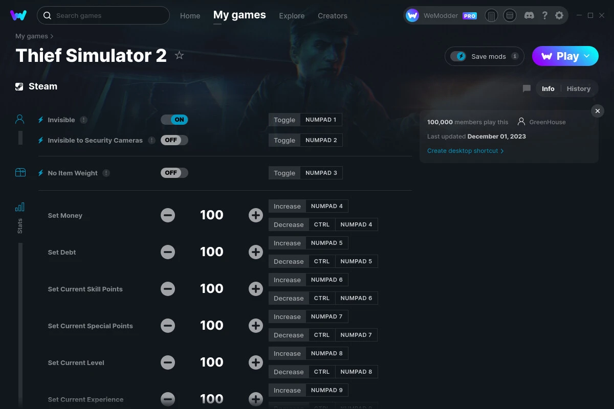 Thief Simulator 2 "Трейнер +28" [UPD: 01.12.2023] {GreenHouse / WeMod}