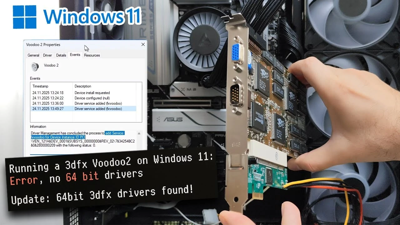 Энтузиаст успешно запустил легендарную видеокарту 3dfx Voodoo 2 на современном ПК с Windows 11