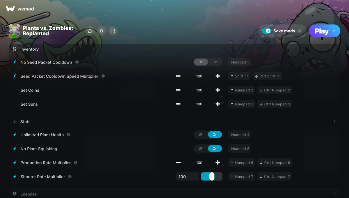 Plants vs. Zombies: Replanted "Трейнер +17 от WeMod: Здоровье, монеты, солнца и пр"