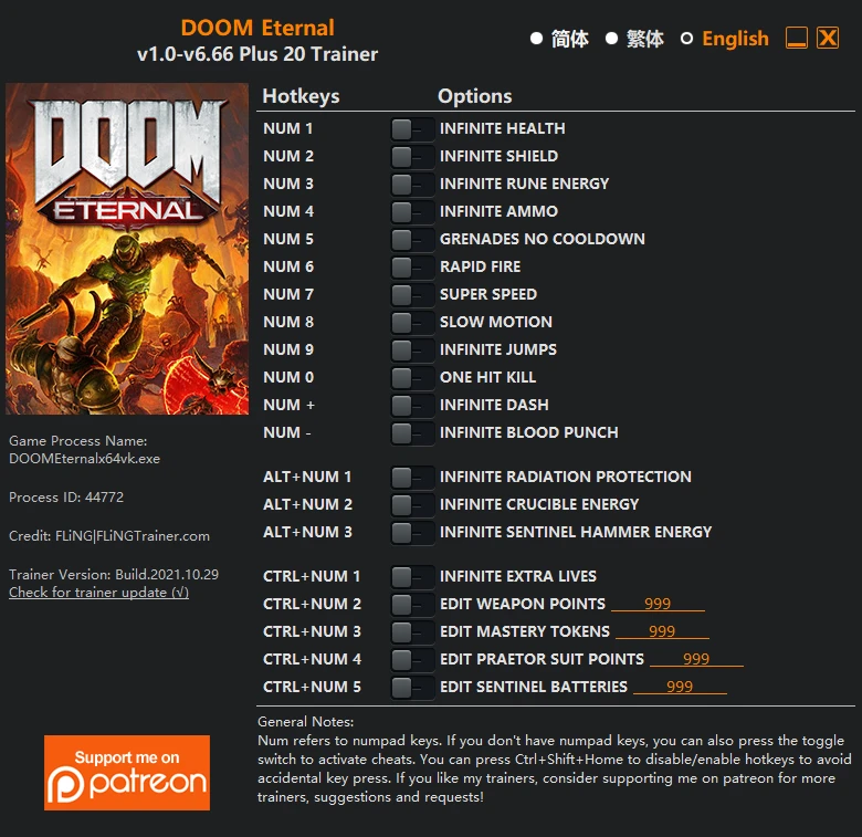 Doom Eternal: Трейнер/Trainer (+15/+16/+17/+19/+20) [1.0 - 6.66] {FLiNG}