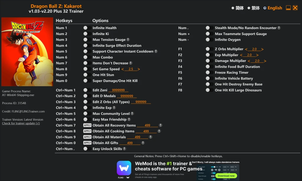 Dragon Ball Z: Kakarot "Трейнер +32" [1.03 - 2.20] {FLiNG}