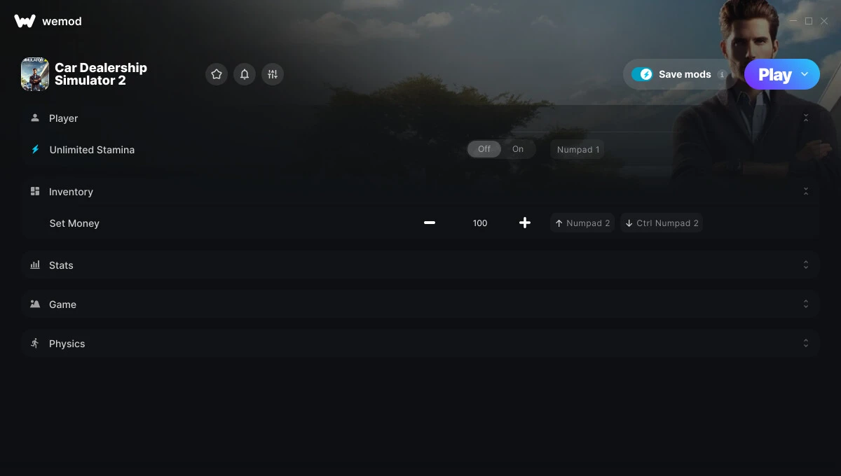 Car Dealership Simulator 2 "Трейнер +10 от WeMod: Деньги, выносливость, очки навыков и пр"