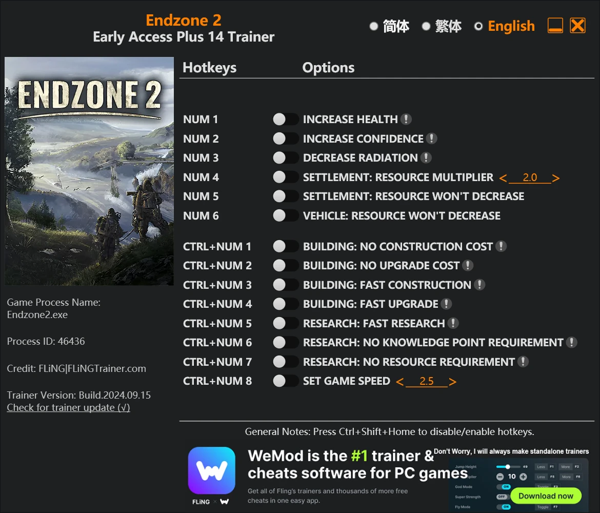 Endzone 2 "Трейнер +14: Редактор игрока, ресурсов, поселения" {FLiNG}
