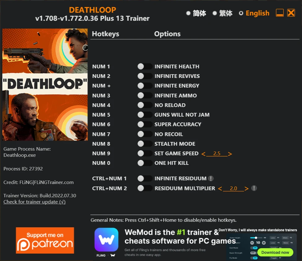 Deathloop "Трейнер +13" [1.708.0.34 - 1.820.1.11] {FLiNG}