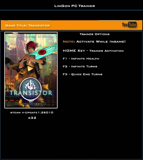 Transistor: Трейнер/Trainer (+3) [1.26010: 32 Bit] {LinGon}