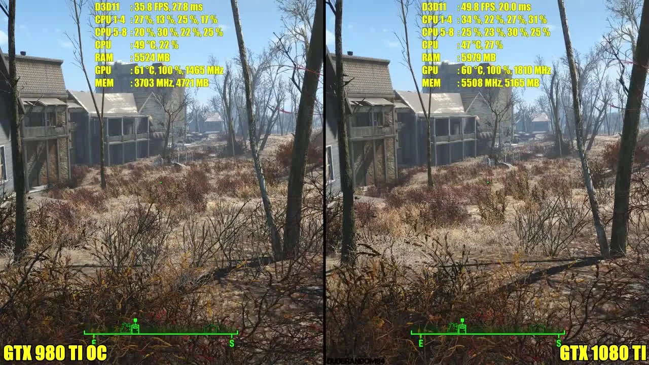 Fallout 4 GTX 1080 TI со Vs GTX 980 TI OC 4K. Частота кадров, сравнение