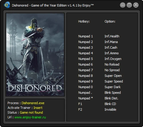 Dishonored - Game of the Year Edition: Trainer/Трейнер [v1.4.1] [Enjoy] [ENJ]