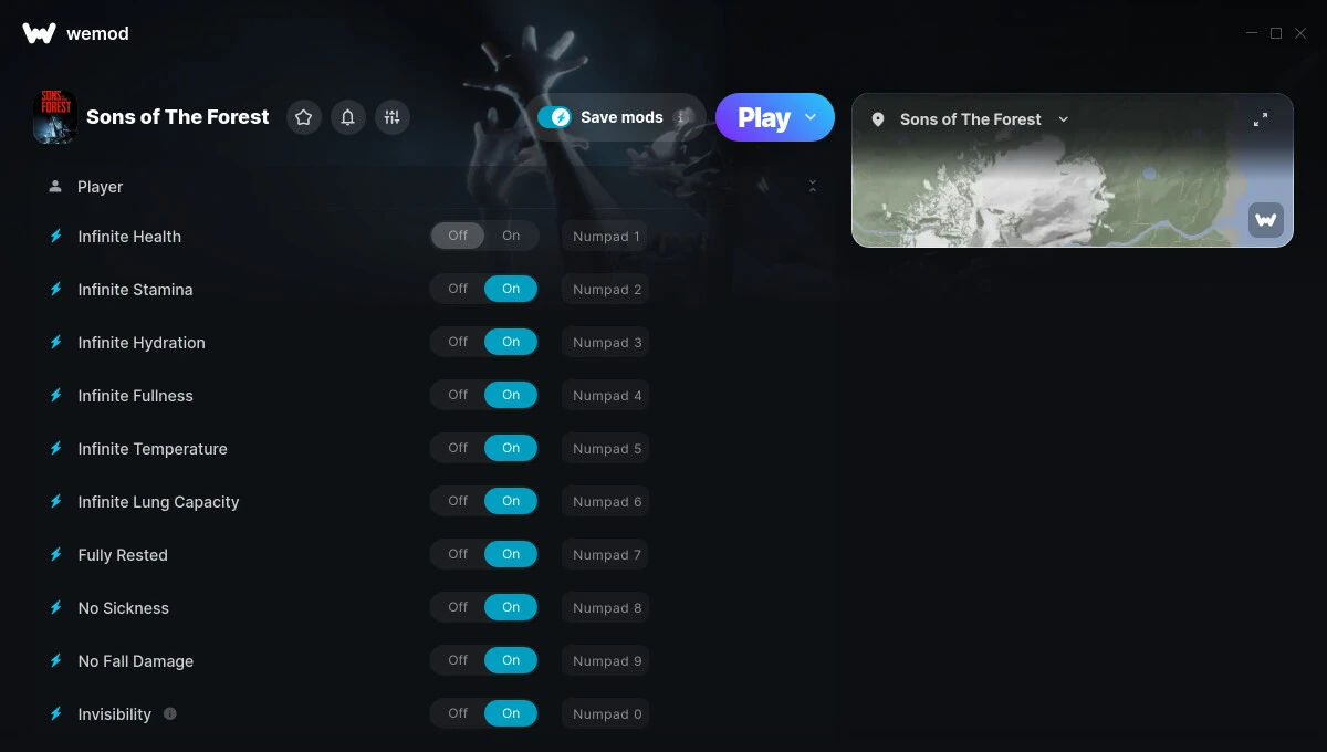 Sons Of The Forest "Трейнер +32 от WeMod: Здоровье, выносливость, сила и пр"