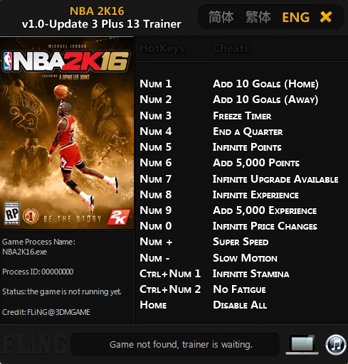 NBA 2K16: Трейнер/Trainer (+13) [1.0 - Update 3] {FLiNG}
