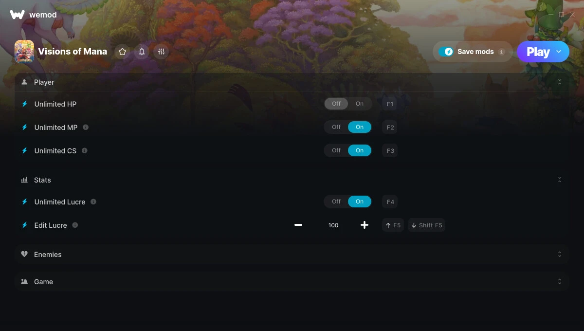 Visions of Mana "Трейнер +7 от WeMod: Здоровье, мана, прибыль и др"