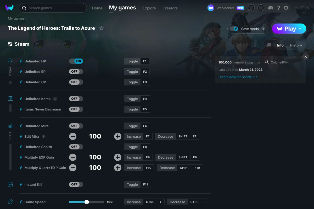The Legend of Heroes: Trails to Azure "Трейнер +12" [UPD: 21.03.2023] {ColonelRVH / WeMod}
