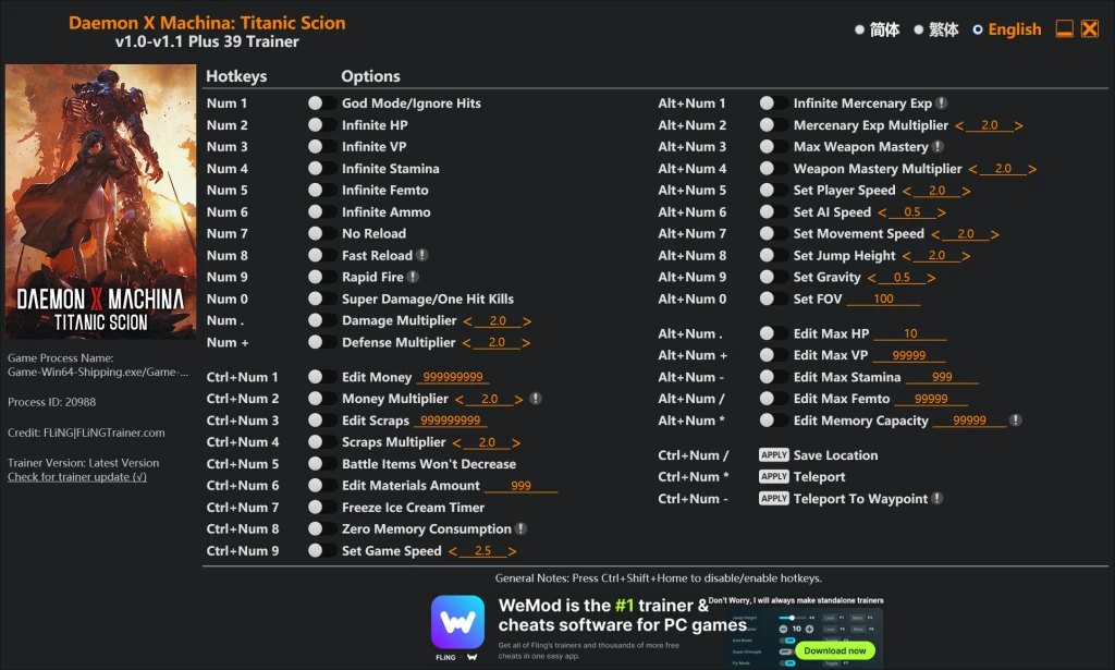 Daemon X Machina: Titanic Scion "Трейнер +39 от FLiNG: Здоровье, выносливость, патроны, предметы" [1.1]
