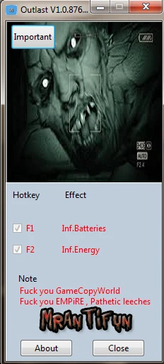 Outlast: Трейнер/Trainer (+2) [1.0.8767: 32 Bit] {MrAntiFun}