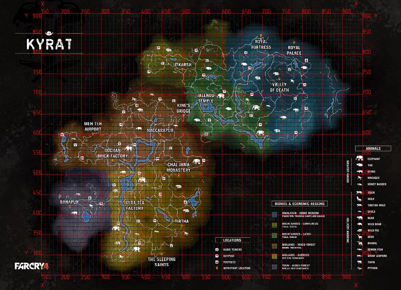 Far Cry 4 "Kyrat map (Карта Кирата с сеткой координат)"