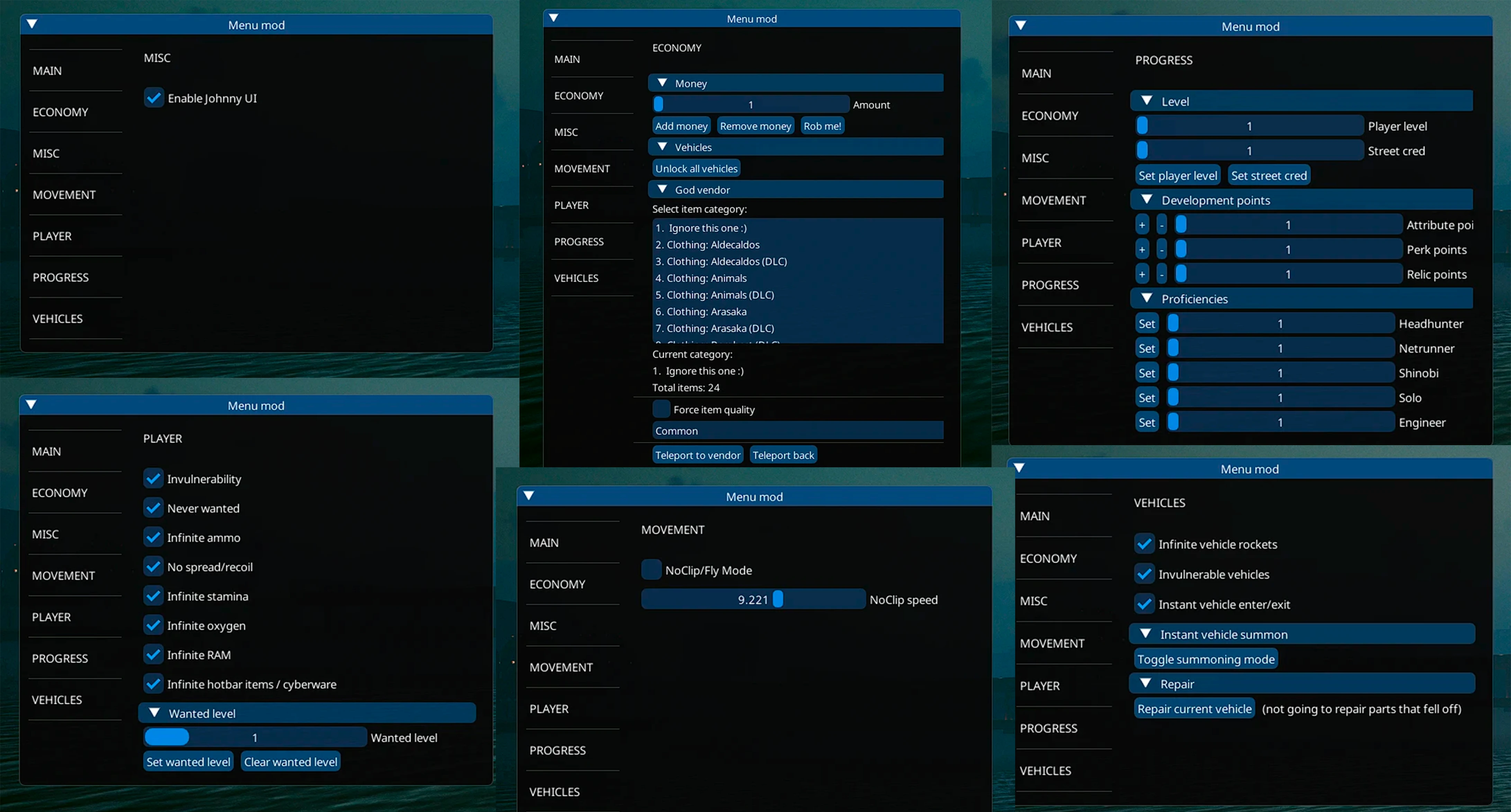Cyberpunk 2077 "MenuMod - CTE чит-меню" [v1.1.3.1]