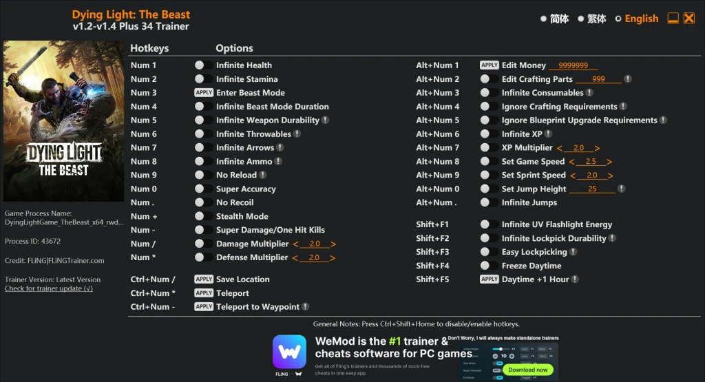 Dying Light: The Beast "Трейнер +34 от FLiNG: Здоровье, выносливость, патроны и пр" [1.2 - 1.4]