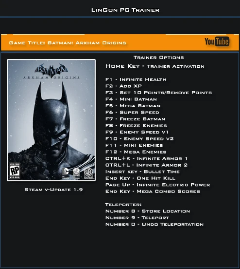 Batman ~ Arkham Origins: Трейнер/Trainer (+20) [1.9 ~ Update 9] {LinGon}