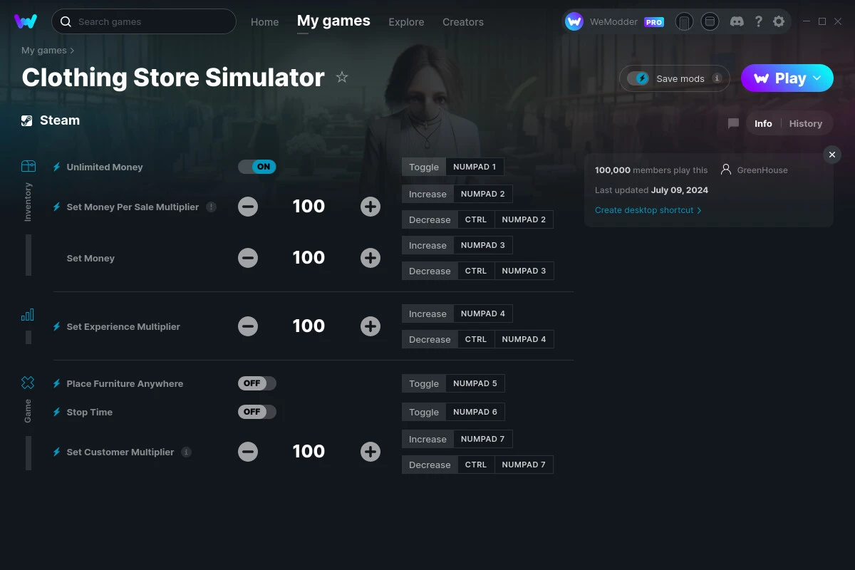 Clothing Store Simulator "Трейнер +6" [UPD: 09.07.2024] {GreenHouse / WeMod}