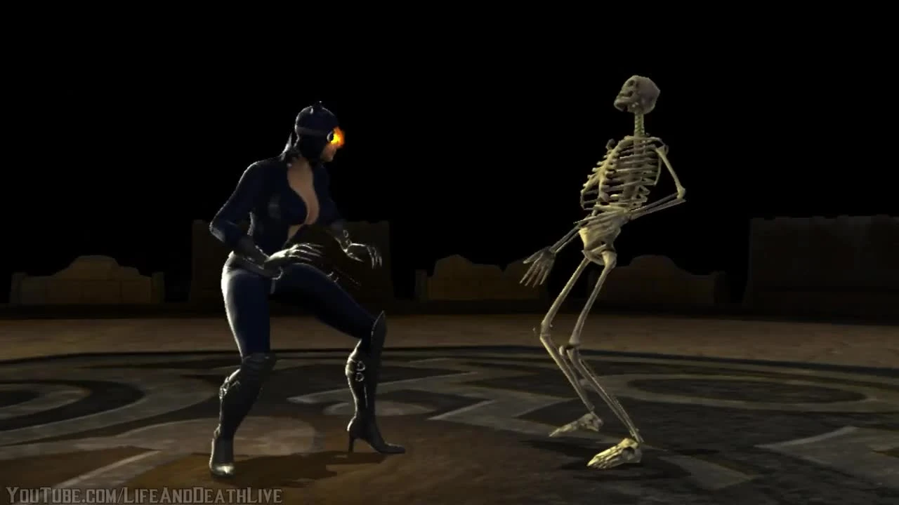 Mortal Kombat vs. DC Universe "Все персонажи делают фаталити и геройское бруталити Скелету"