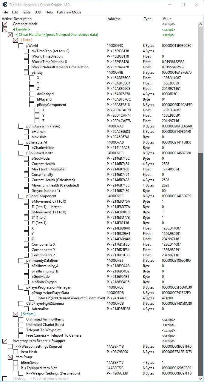 Assassin's Creed: Origins: Таблица для Cheat Engine [UPD: 10.06.2018] {SunBeam}