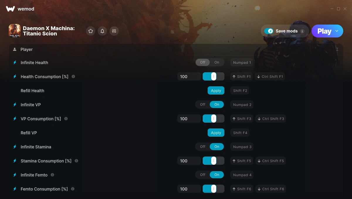 Daemon X Machina: Titanic Scion "Трейнер +32 от WeMod: Здоровье, выносливость, кредиты и пр"