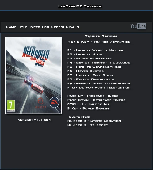 Need for Speed ~ Rivals: Трейнер/Trainer (+13) [1.1: 32 & 64 Bit] {LinGon}