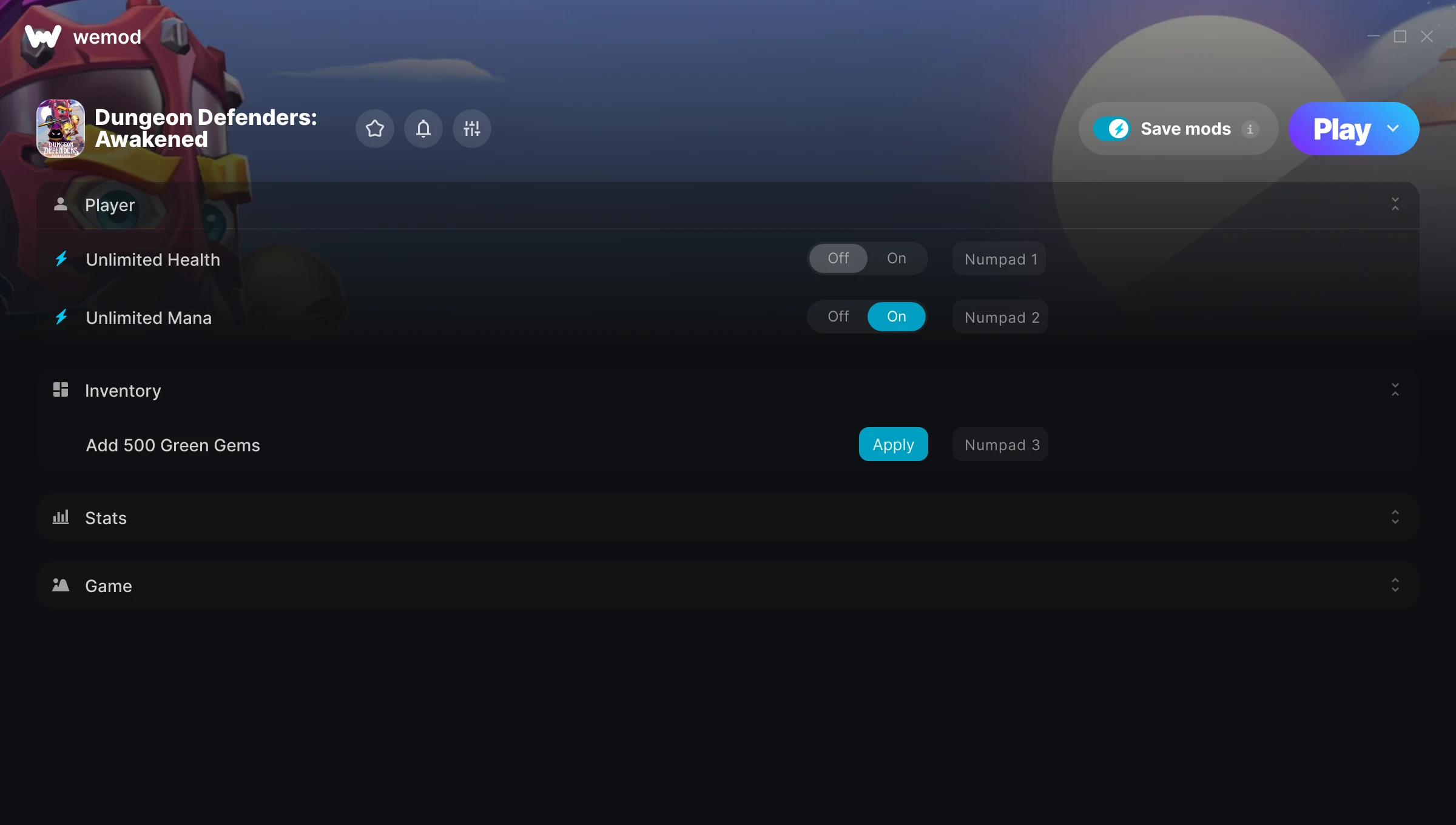 Dungeon Defenders: Awakened "Трейнер +6 от WeMod: Здоровье, мана, опыт, алмазы"