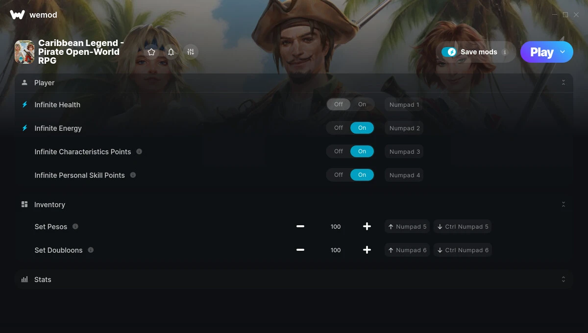 Caribbean Legend - Pirate Open-World RPG "Трейнер +8 от WeMod: Здоровье, энергия, очки навыков и пр"