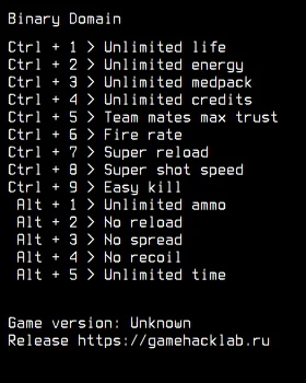 Binary Domain Трейнер/Trainer (+14) [1.0.0.1] {LIRW / GHL}