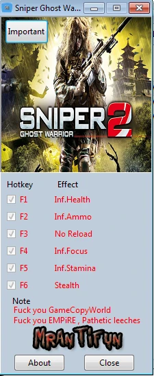 Sniper ~ Ghost Warrior 2: Трейнер/Trainer (+6) [3.4.4.6290] {MrAntiFun}