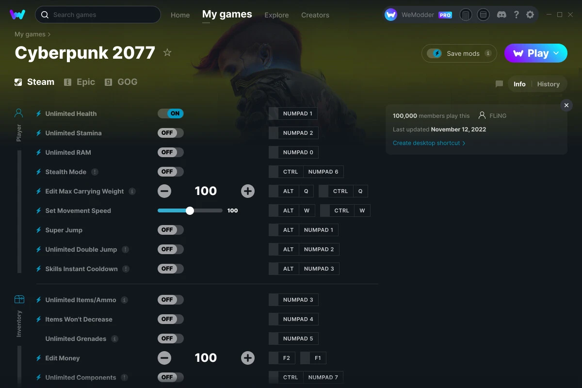 Cyberpunk 2077 "Трейнер +32" [UPD: 12.11.2022] {FLiNG / WeMod}