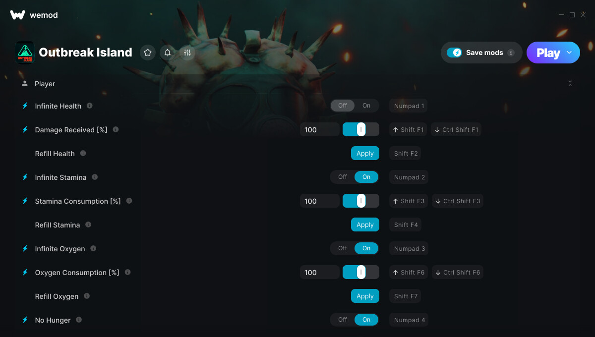 Outbreak Island "Трейнер +36 от WeMod: Неуязвимость, выносливость, кислород и пр"