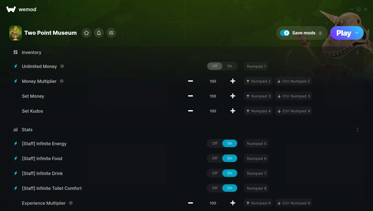 Two Point Museum "Трейнер +21 от WeMod: Деньги, опыт, энергия и пр"