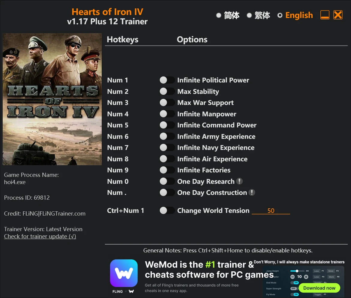 Hearts of Iron 4 "Трейнер +12 от FLiNG: Сила, стабильность, опыт и пр" [1.10.3 - 1.17]