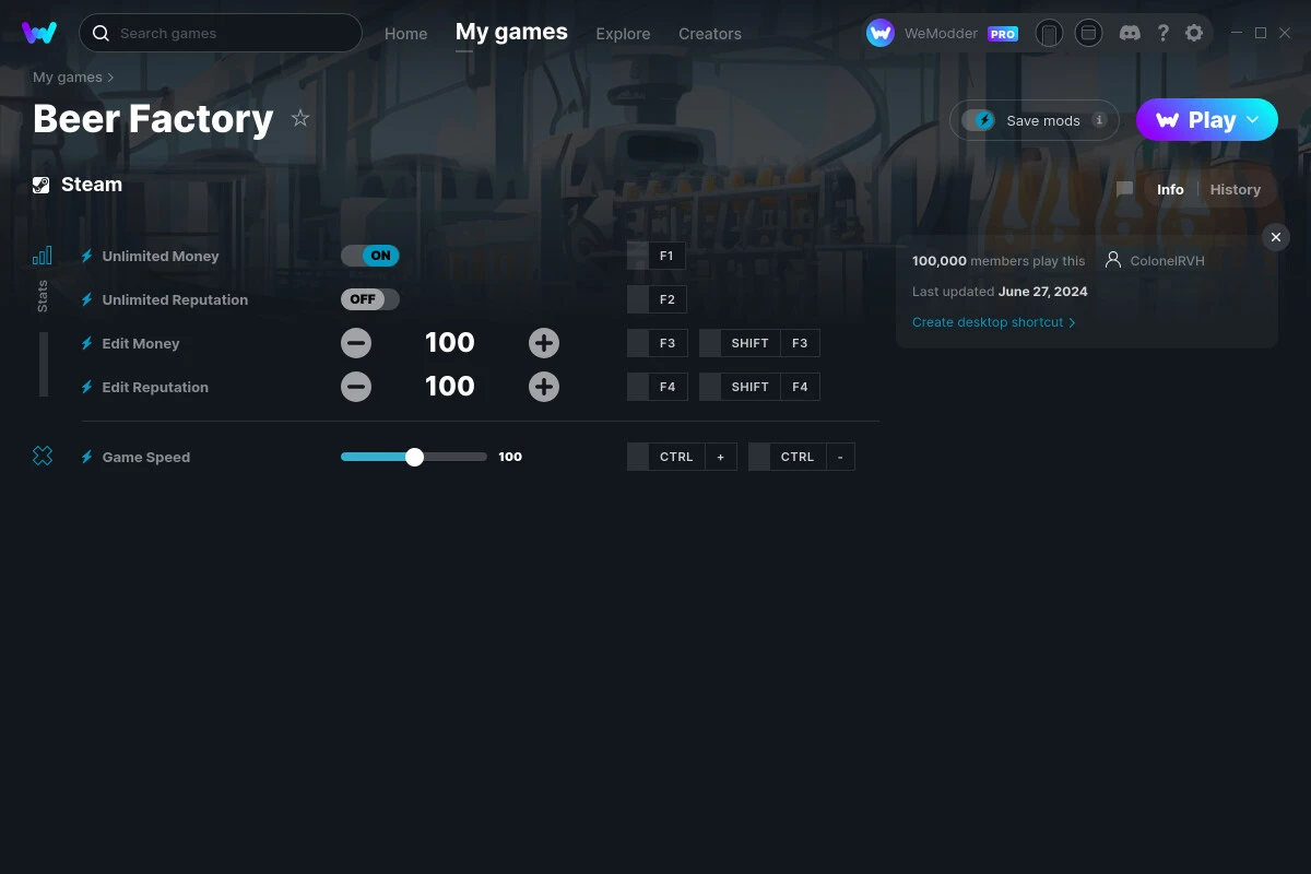 Beer Factory "Трейнер +6" [UPD: 27.06.2024] {ColonelRVH / WeMod}