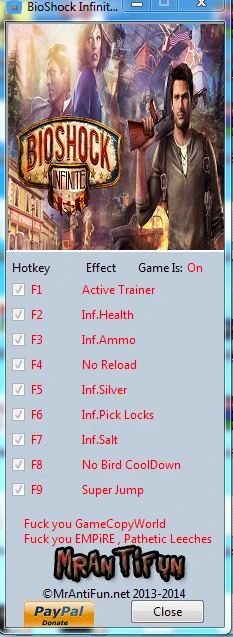 BioShock Infinite: Трейнер/Trainer (+8) [Latest Steam] {MrAntiFun}