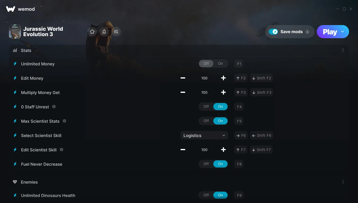 Jurassic World Evolution 3 "Трейнер +15 от WeMod: Деньги, навык, топливо и пр"