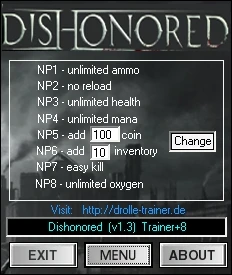 Dishonored ~ The Knife of Dunwall: Трейнер/Trainer (+8) [1.3 / Update 3] {dR.oLLe}