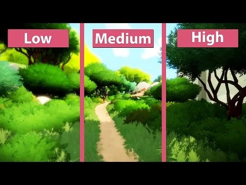 Сравнение графики в The Witness - минимальные vs средние vs максимальные