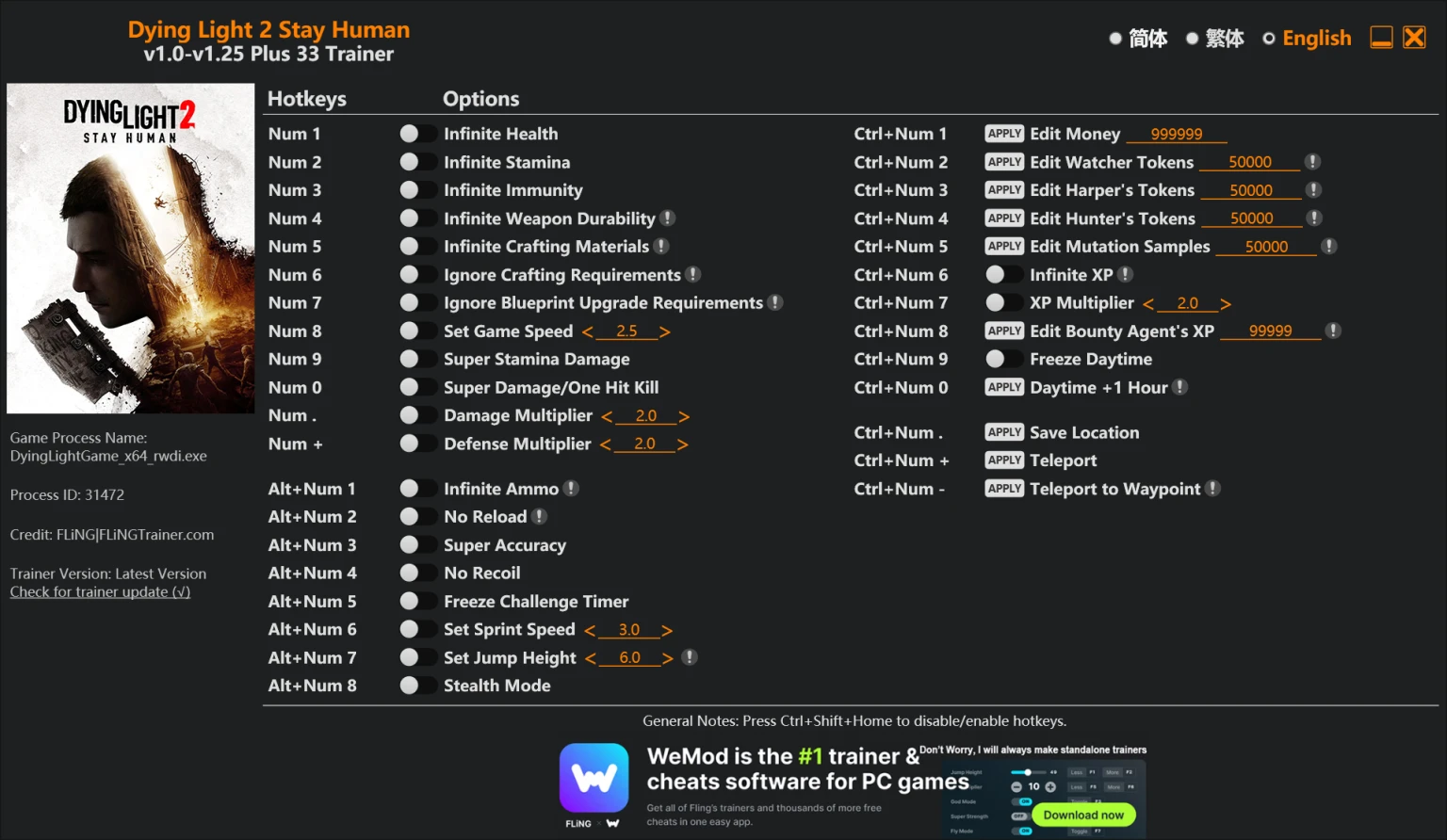 Dying Light 2: Stay Human "Трейнер +33 от FLiNG: Редактор игрока, предметов, ресурсов" [1.25]