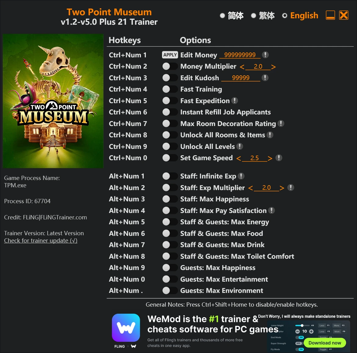 Two Point Museum "Трейнер +21 от FLiNG: Деньги, рейтинг, опыт, скорость и пр" [1.2 - 5.0]