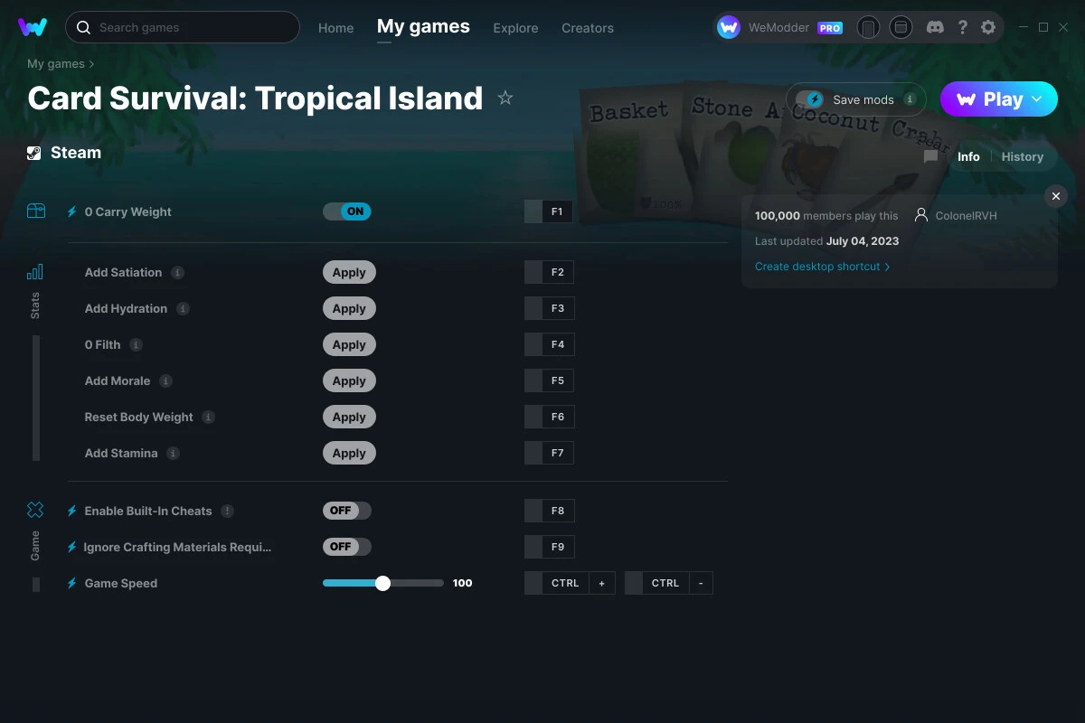 Card Survival: Tropical Island "Трейнер +10 от WeMod: Характеристики, крафтинг, скорость, внутриигровые читы"