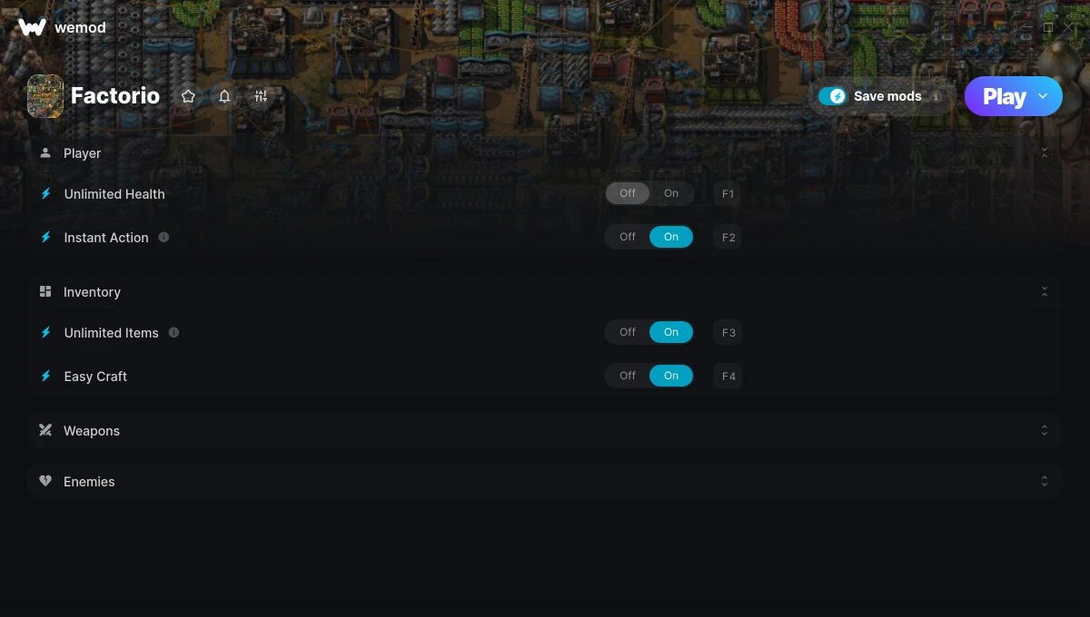 Factorio "Трейнер +6 от WeMod: Здоровье, прочность, предметы и пр"