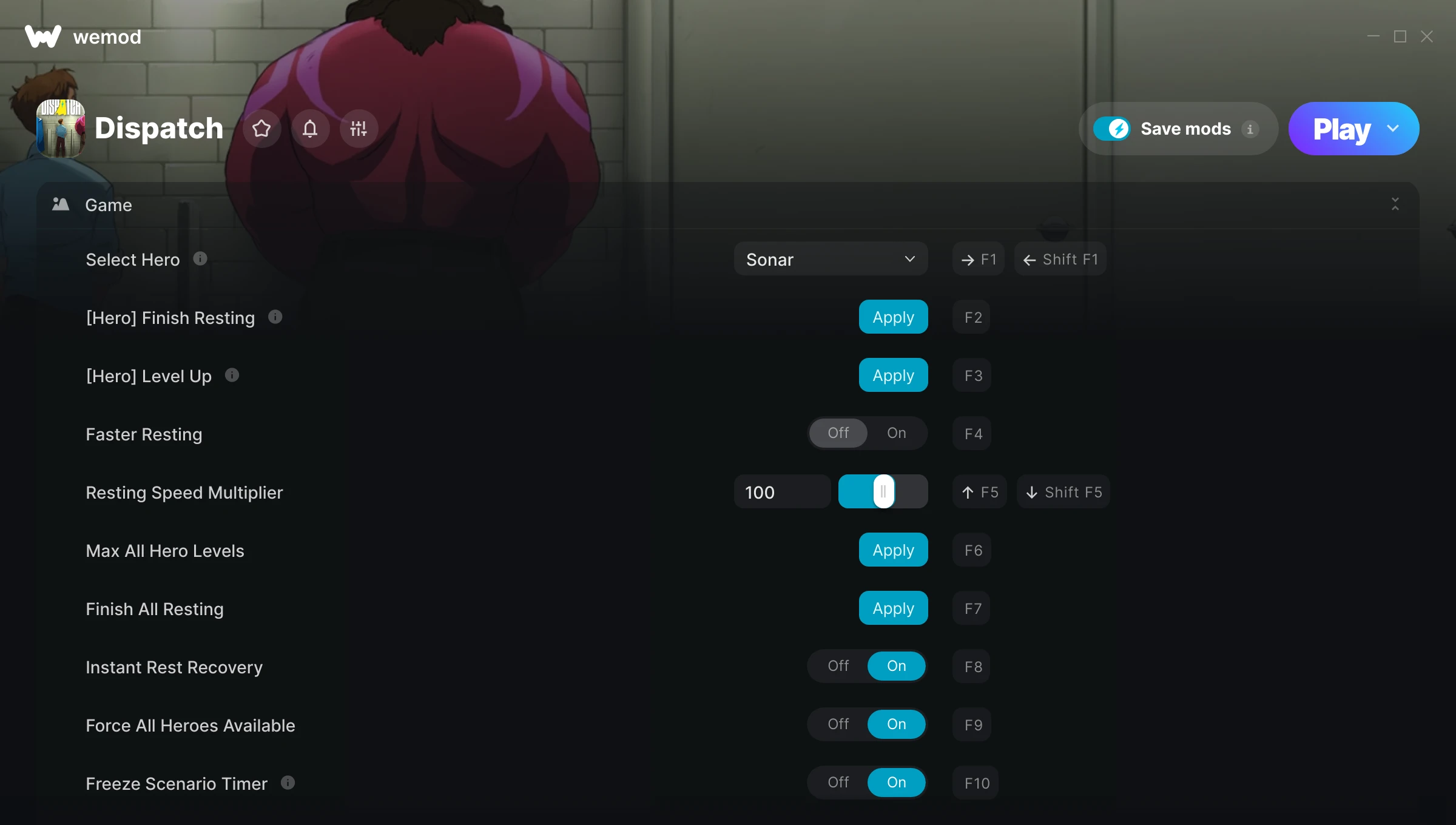 Dispatch "Трейнер +16 от WeMod: Редактор игрока и испытаний"