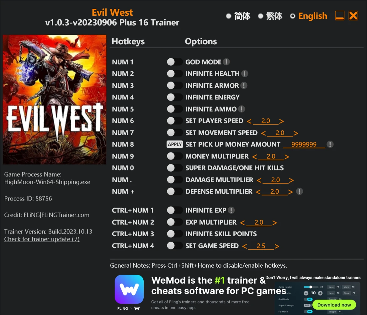 Evil West "Трейнер +16" [1.0.3 - UPD: 06.09.2023] {FLiNG}
