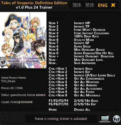 Tales of Vesperia: Definitive Edition: Трейнер/Trainer (+24) [1.0] {FLING}