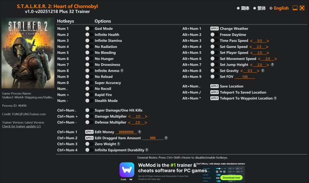 S.T.A.L.K.E.R. 2 "Трейнер +32 от FLiNG: неуязвимость, нет веса, радиации, отдачи" [1.0 - UPD: 18.12.2025]
