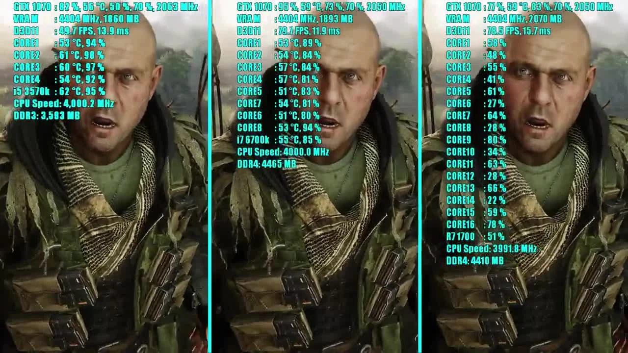 Crysis 3 Ryzen 7 1700 - 6700K i7 - i5 3570k и GTX 1070 OC | 1080p | Фреймрейт Сравнительное испытание