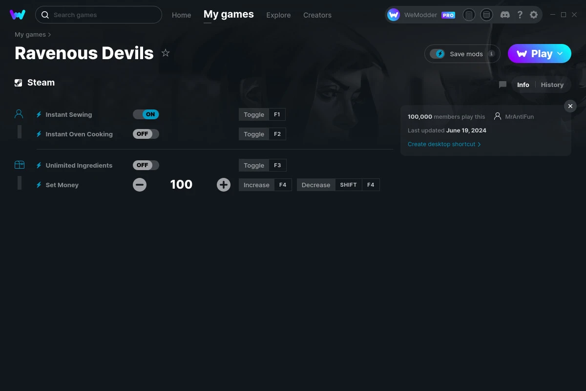 Ravenous Devils "Трейнер +4 от WeMod: Деньги, шитье, готовка"